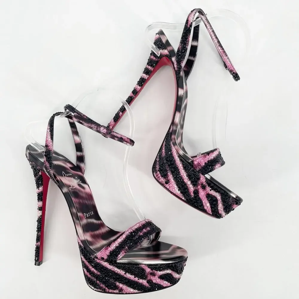 Christian Louboutin Loubi Queen Alta Pink Black Strass Platform Sandals EU 42